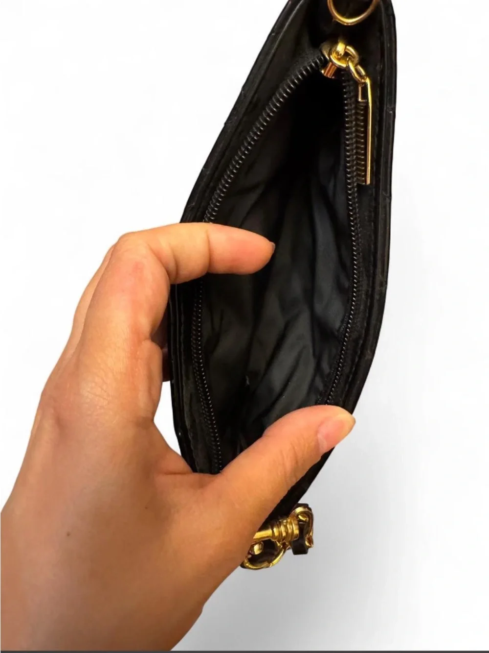 Vintage Patent Quilted Wristlet Clutch in Black with Gold Chain Strap